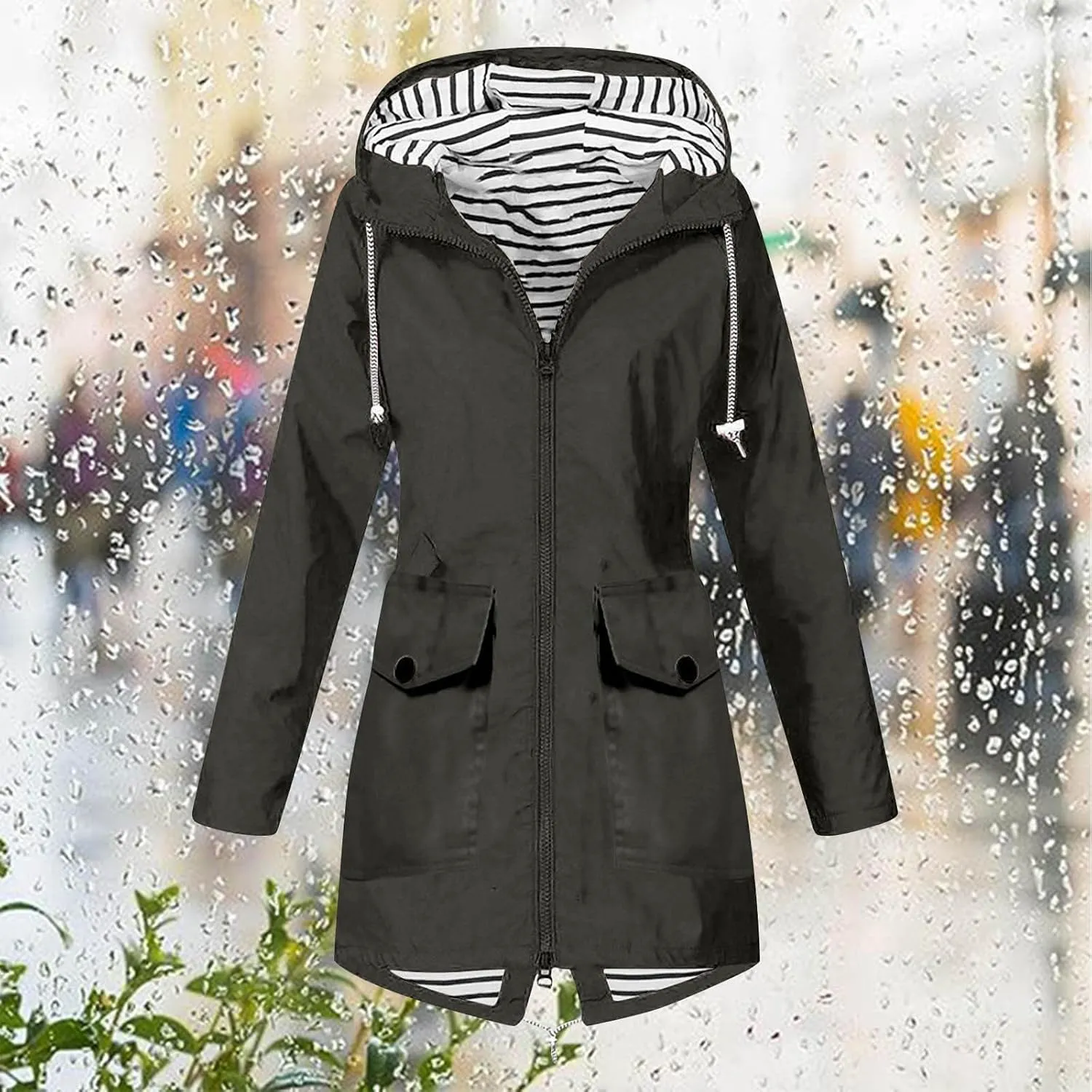 NaRHbrg Raincoat Hoodie for Women, Teen Girls Lightweight Hooded Jacket Solid Rain Jacket Outdoor Raincoat Windproof