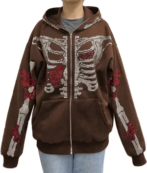 NUFIWI Vintage Zip Up Hoodies for Women Rhinestone Graphic Oversized Sweatshirts Aesthetic Pullover Jackets Gothic Streetwear