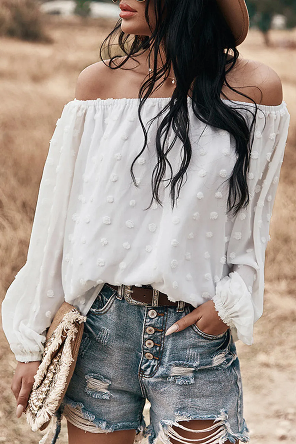 Off Shoulder Swiss Dot Blouse