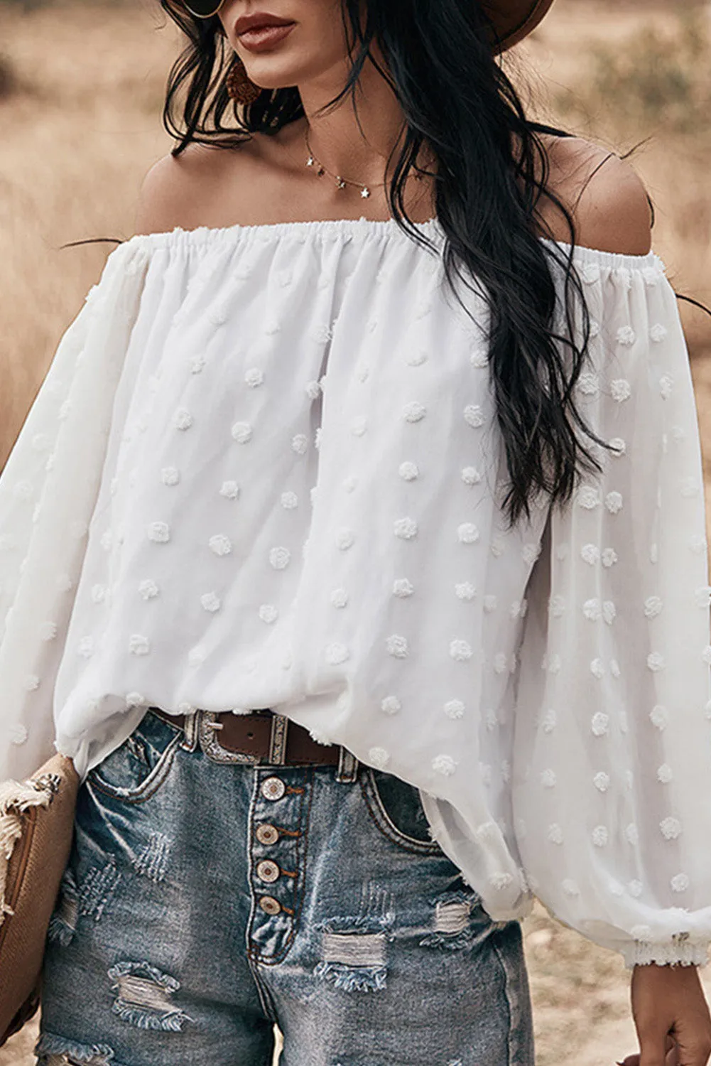 Off Shoulder Swiss Dot Blouse