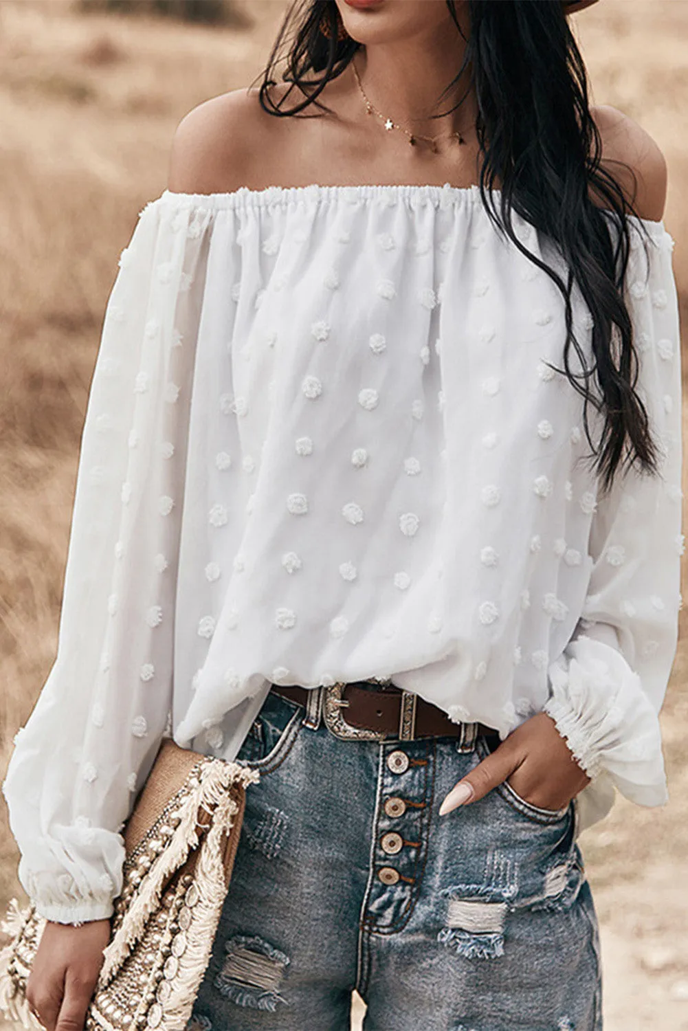 Off Shoulder Swiss Dot Blouse