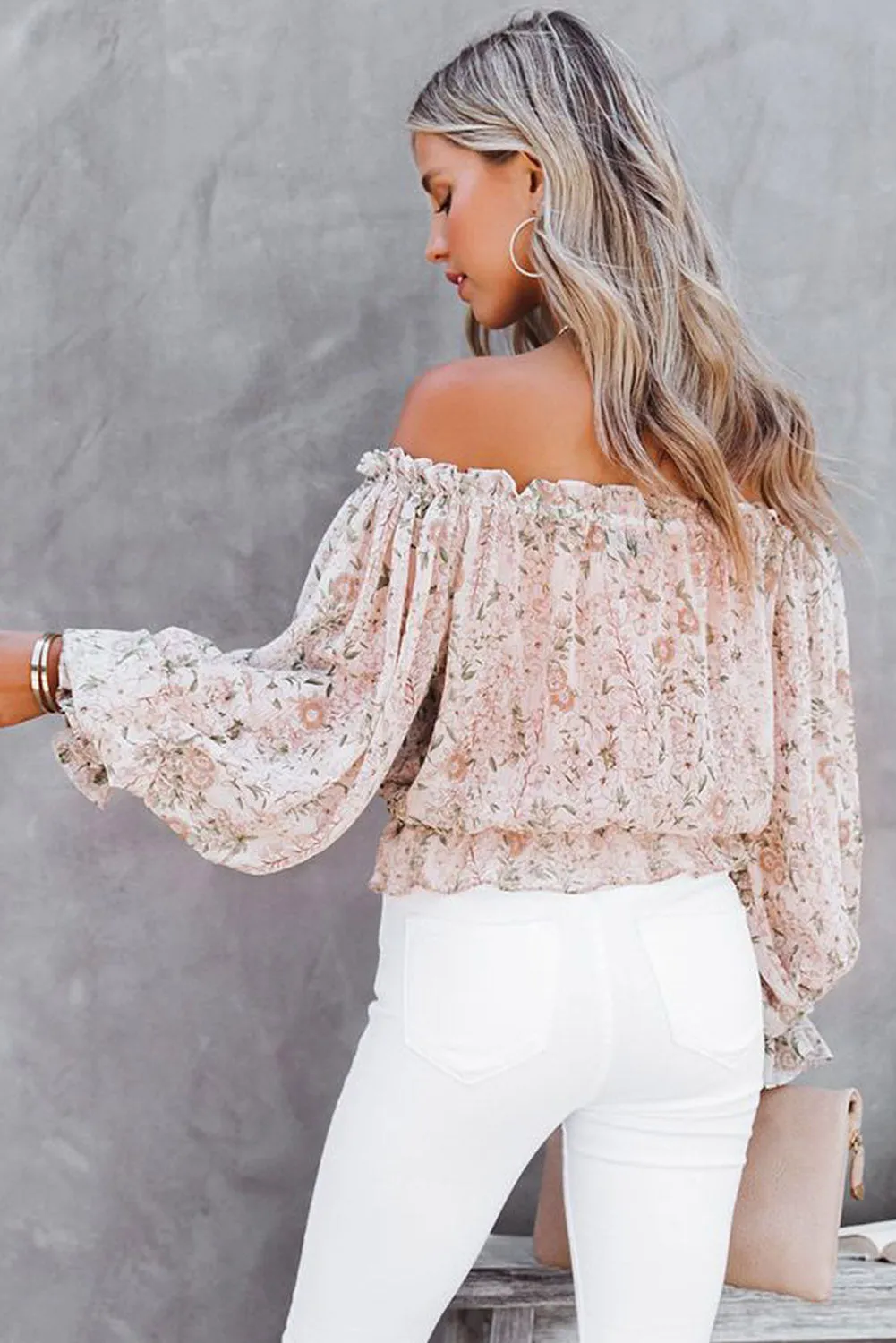 Off The Shoulder Puff Sleeve Ruffled Floral Print Blouse