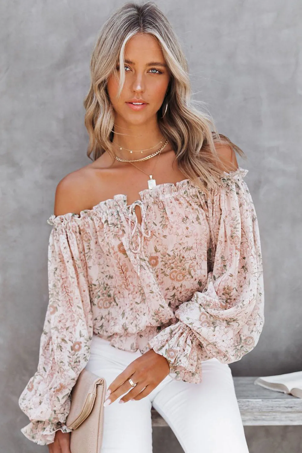 Off The Shoulder Puff Sleeve Ruffled Floral Print Blouse