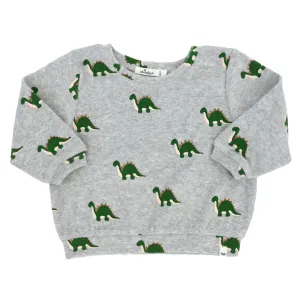 oh baby! Cotton Terry Boxy Sweatshirt - Dinosaur Print - Heather Gray