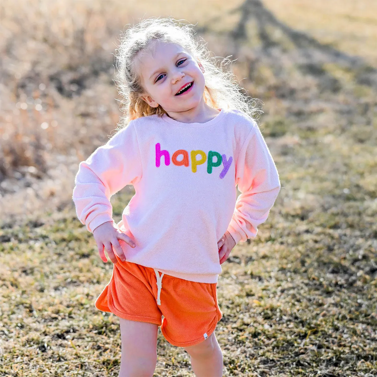 oh baby! Cotton Terry Boxy Sweatshirt - Rainbow happy Applique - Pale Pink