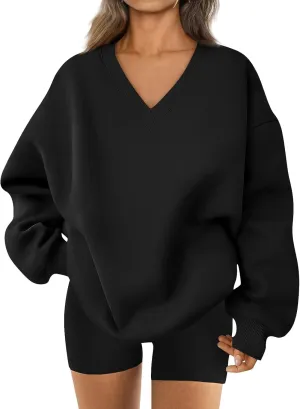 Oversized V Neck Sweatshirt Women Cozy Long Sleeve Fleece Hoodies Pullover Casual Sweat Shirts Cute Winter Outfits