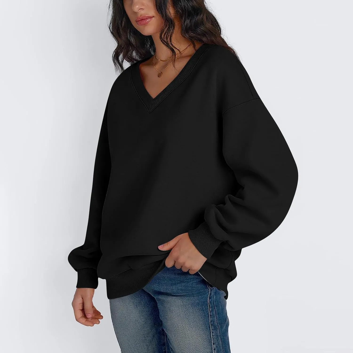 Oversized V Neck Sweatshirt Women Cozy Long Sleeve Fleece Hoodies Pullover Casual Sweat Shirts Cute Winter Outfits