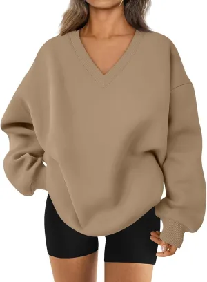 Oversized V Neck Sweatshirt Women Cozy Long Sleeve Fleece Hoodies Pullover Casual Sweat Shirts Cute Winter Outfits