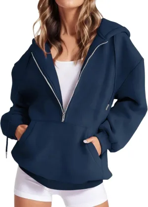 Oversized Womens Sweatshirts Half Zip Pullover Teen Girls Fall Casual Loose Solid Long Sleeve Hooded Sweatshirts Y2k Clothes