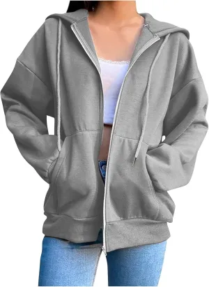 Oversized Zip Up Hoodie for Women Vintage Y2k Loose Baggy Sweatshirt Jacket Egirl 90s Solid Basic Hooded Coat (#04-Gray, XXL)