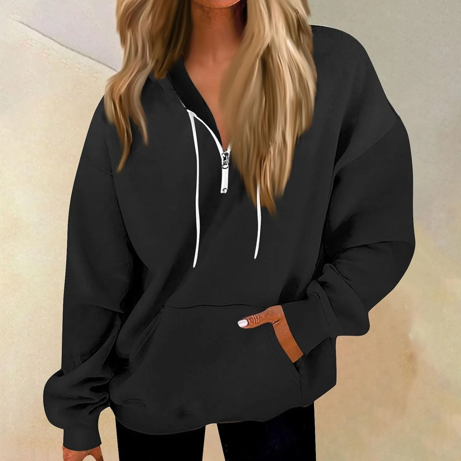 Oversized Zip Up Hoodie Women Fleece Quarter Zip Pullover Sweatshirts Casual Long Sleeve Top Fall Clothes w/Pockets