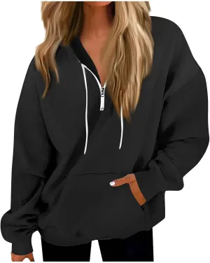 Oversized Zip Up Hoodie Women Fleece Quarter Zip Pullover Sweatshirts Casual Long Sleeve Top Fall Clothes w/Pockets