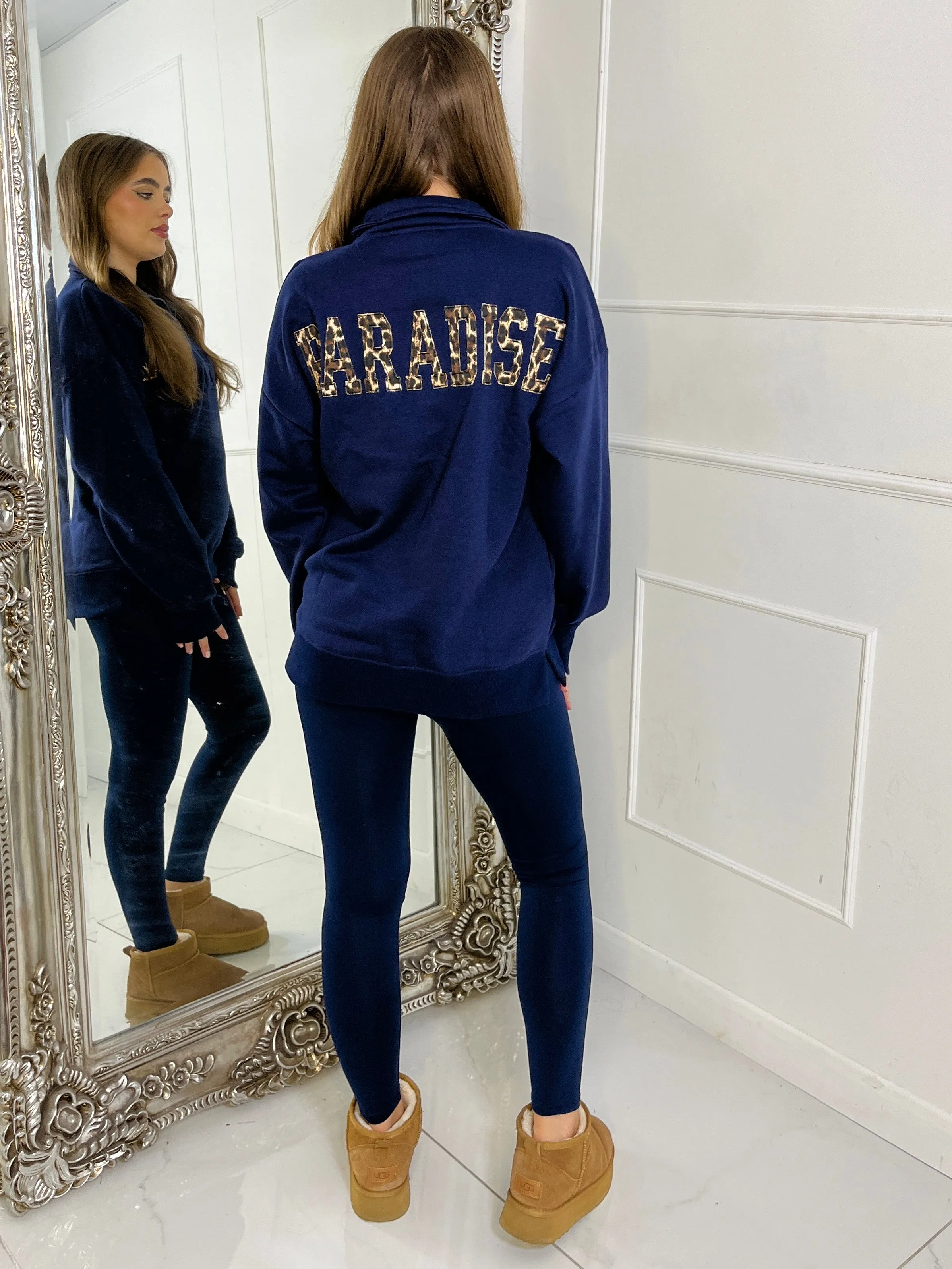 Paradise Leopard Print Half Zip Sweatshirt - Navy