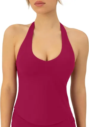 PAVOI ACTIVE Workout Halter Tops for Women Built in Bra - Low Support V Neck Backless Sports Tank Top Shelf Bra - HiPerform