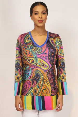 Pink & Blue Paisley Silk Wool Cashmere Sweater