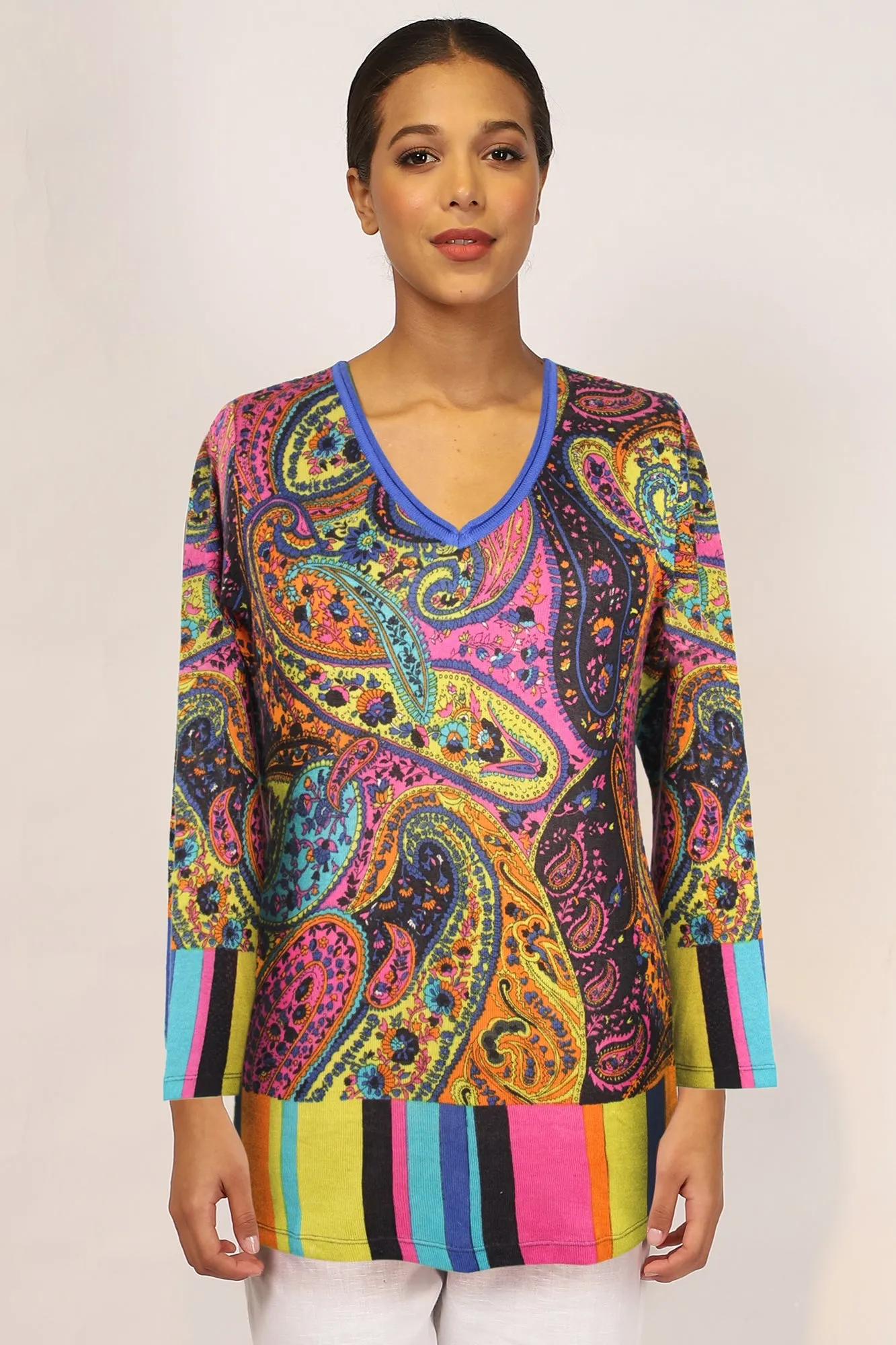 Pink & Blue Paisley Silk Wool Cashmere Sweater