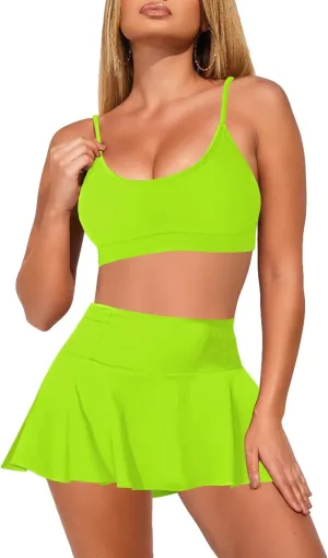 Pink Queen Women's High Waisted Bikini Set Two Piece Swimsuit Scoop Neck Spaghetti Straps Swim Skirt Bathing Suit