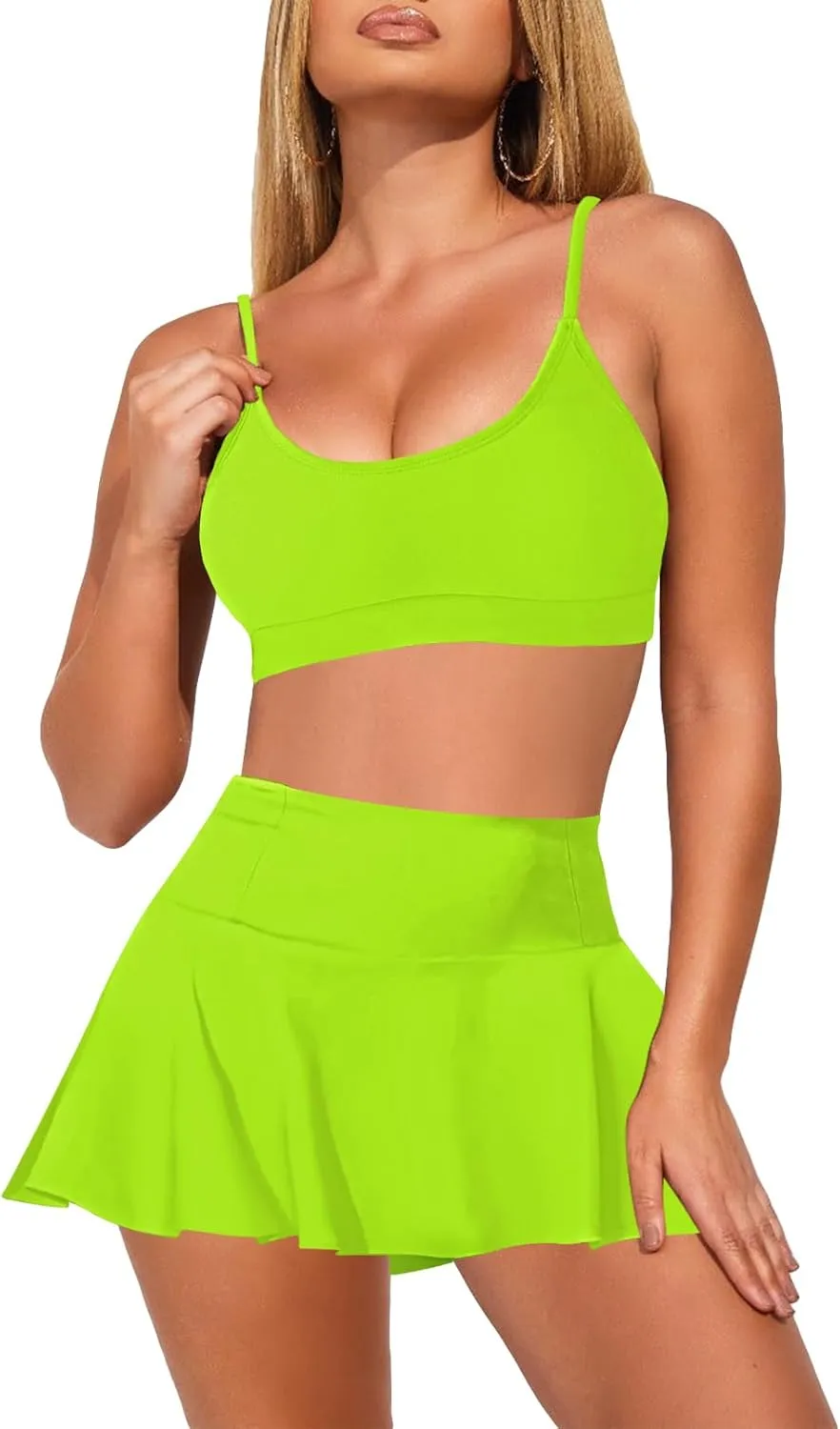 Pink Queen Women's High Waisted Bikini Set Two Piece Swimsuit Scoop Neck Spaghetti Straps Swim Skirt Bathing Suit