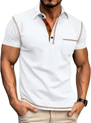 Polo Shirts Men Cotton Blend Short Sleeve Button Slim Fit Color Block Collared Patchwork Summer Tshirts with Pocket