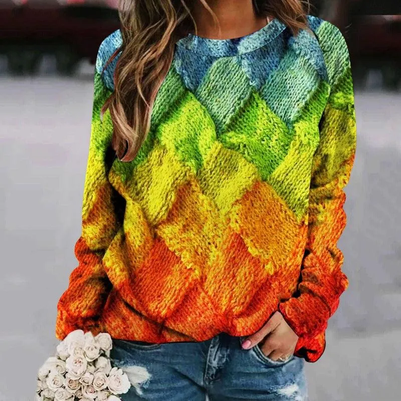 Printed Patchwork Round Neck Raglan Long Sleeve Women's Sweater