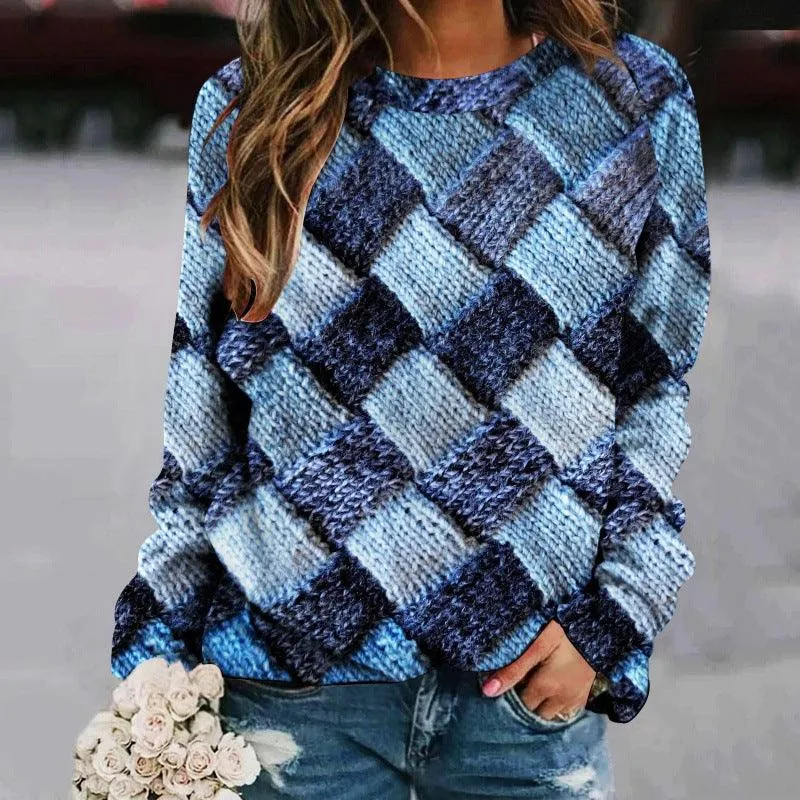 Printed Patchwork Round Neck Raglan Long Sleeve Women's Sweater
