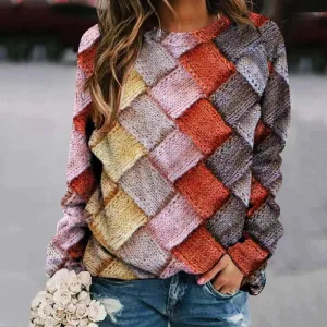 Printed Patchwork Round Neck Raglan Long Sleeve Women's Sweater