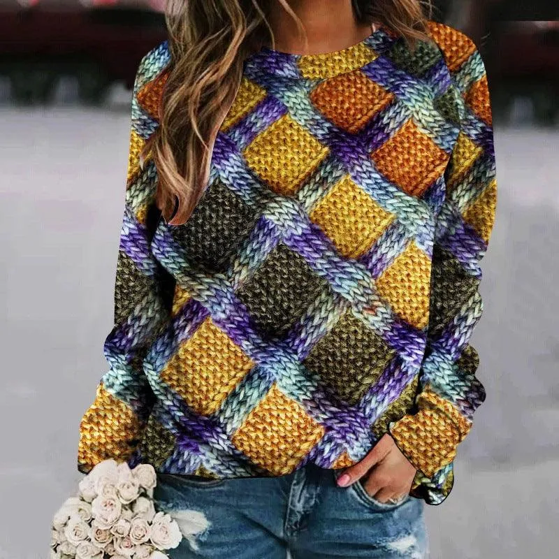 Printed Patchwork Round Neck Raglan Long Sleeve Women's Sweater