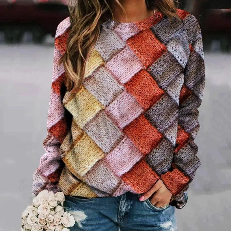 Printed Patchwork Round Neck Raglan Long Sleeve Women's Sweater