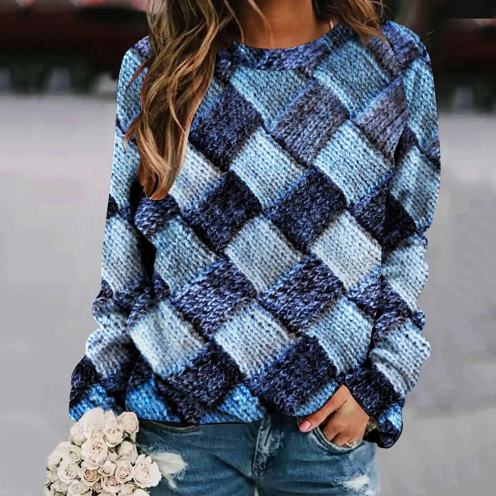 Printed Patchwork Round Neck Raglan Long Sleeve Women's Sweater