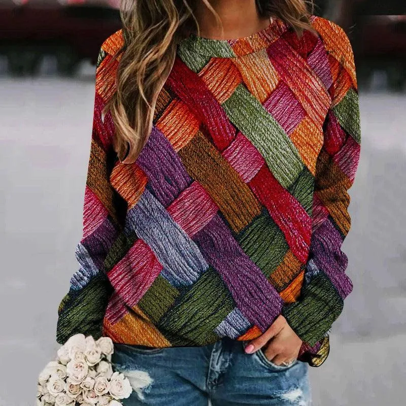 Printed Patchwork Round Neck Raglan Long Sleeve Women's Sweater