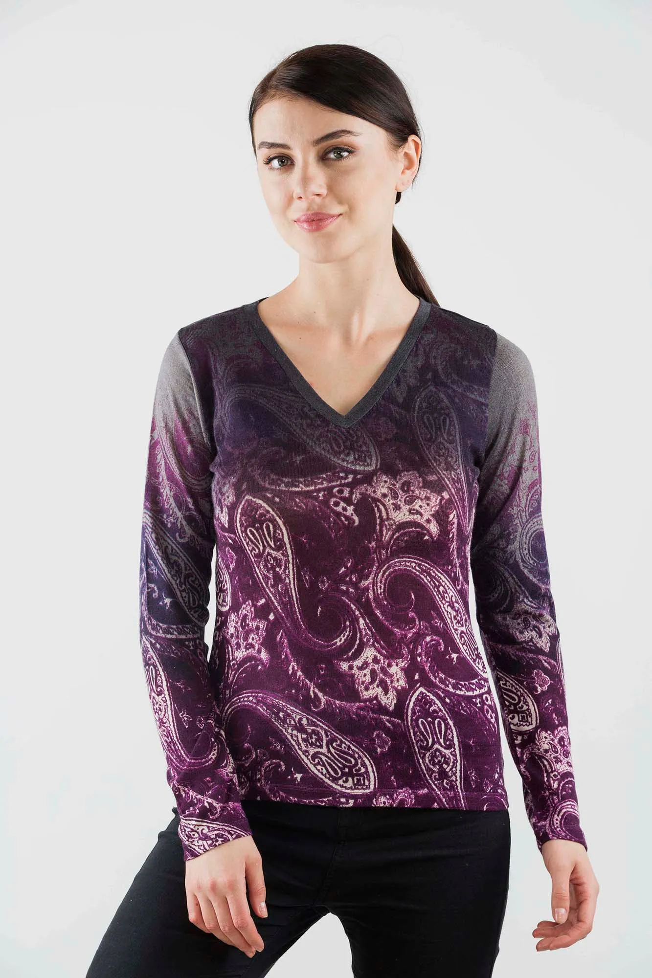 Purple Grey Paisley Silk Wool Cashmere Sweater