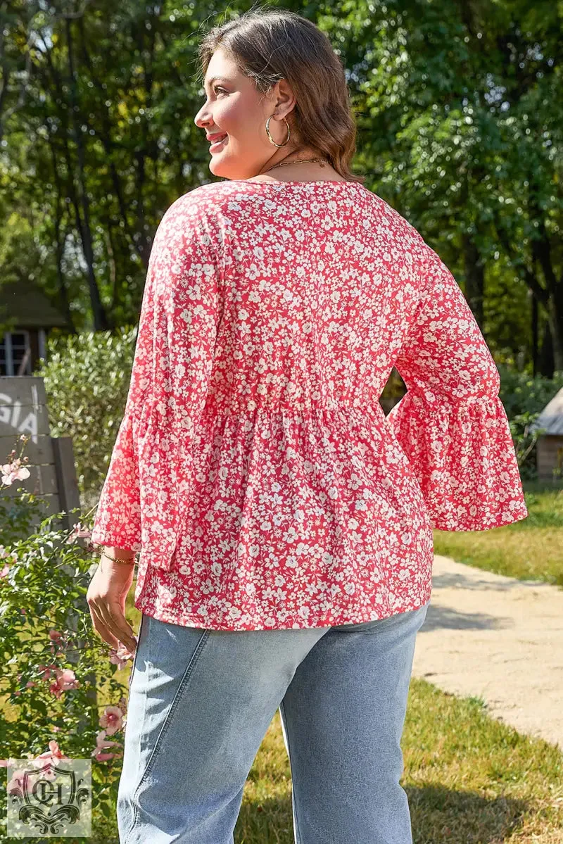 Red Plus Size Floral V Neck Flared Bracelet Sleeve Blouse