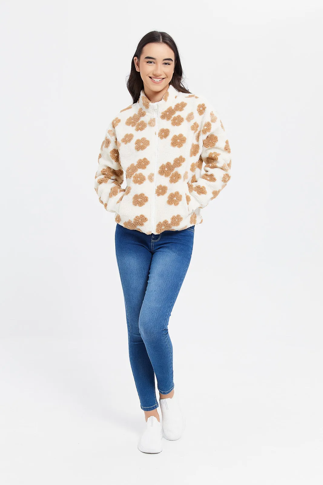 Senior Girls White And Brown Floral Zip Thru Hooded Sweatshirt
