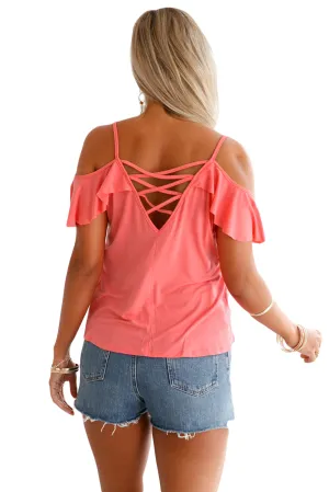 Sexy Pink Crisscross Back Ruffle Cold Shoulder Top