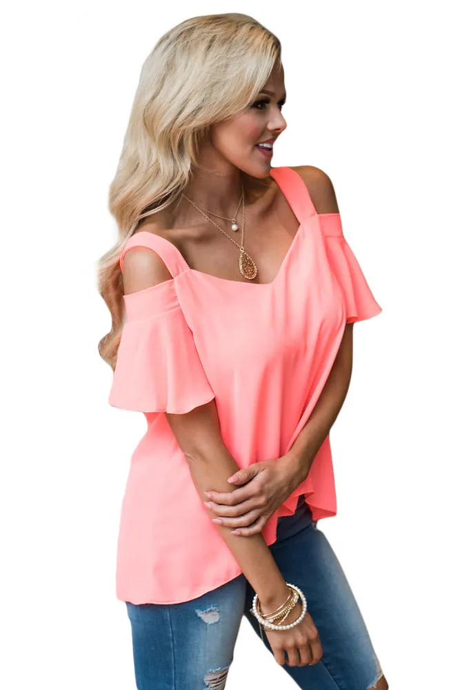 Sexy Pink Open Shoulder Ruffle Sleeve Asymmetric Hem Top