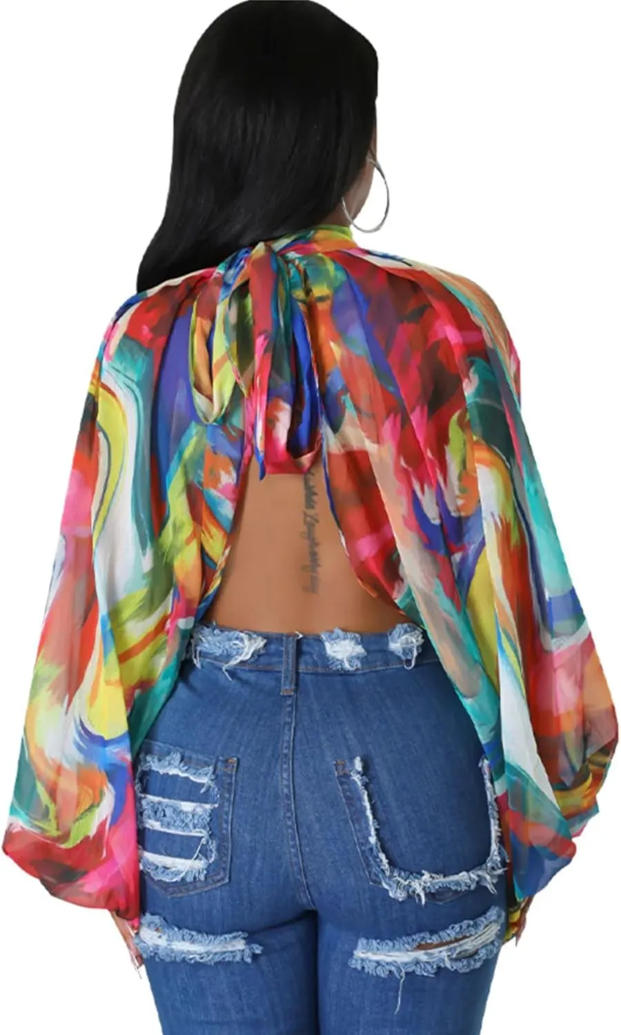 Sexy Tops for Women Party Club Night Batwing Sleeve Chiffon Sheer Self Tie Back Front Open Women Shirts Casual Summer