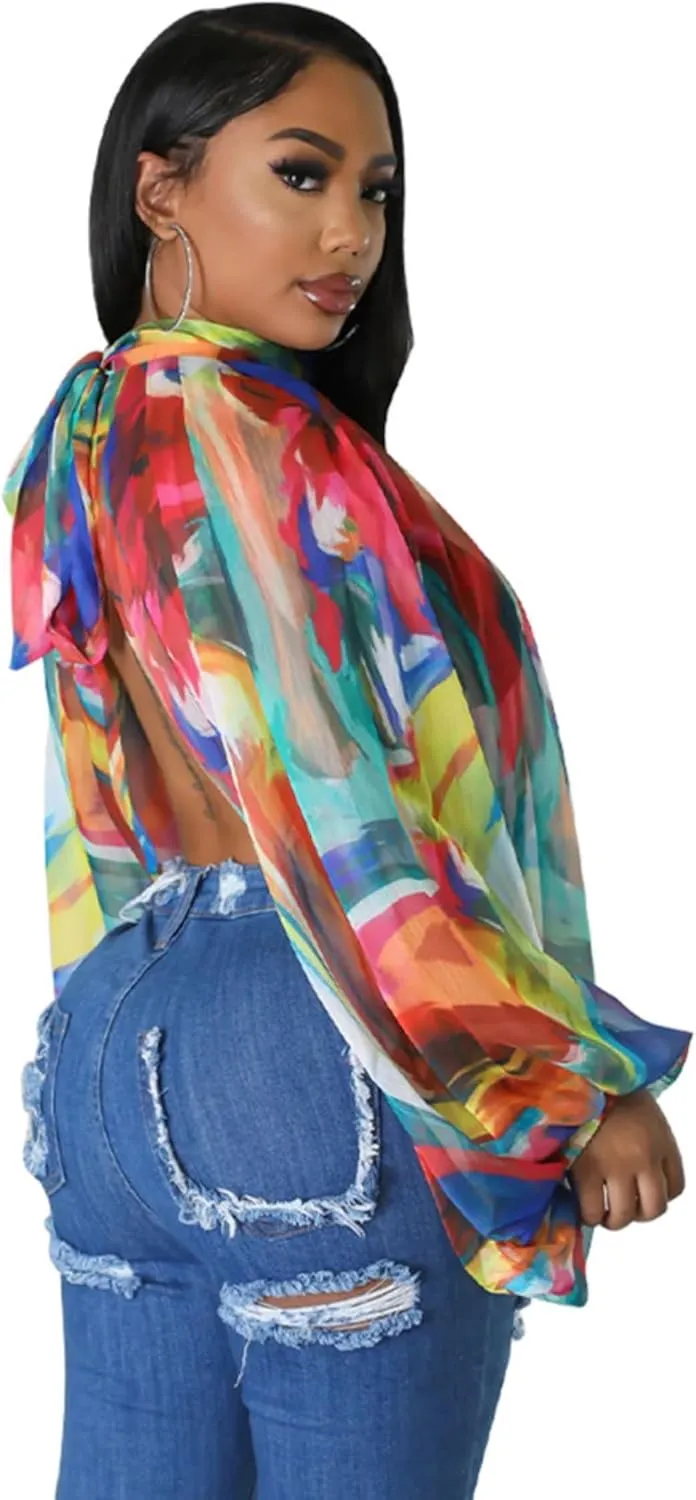 Sexy Tops for Women Party Club Night Batwing Sleeve Chiffon Sheer Self Tie Back Front Open Women Shirts Casual Summer
