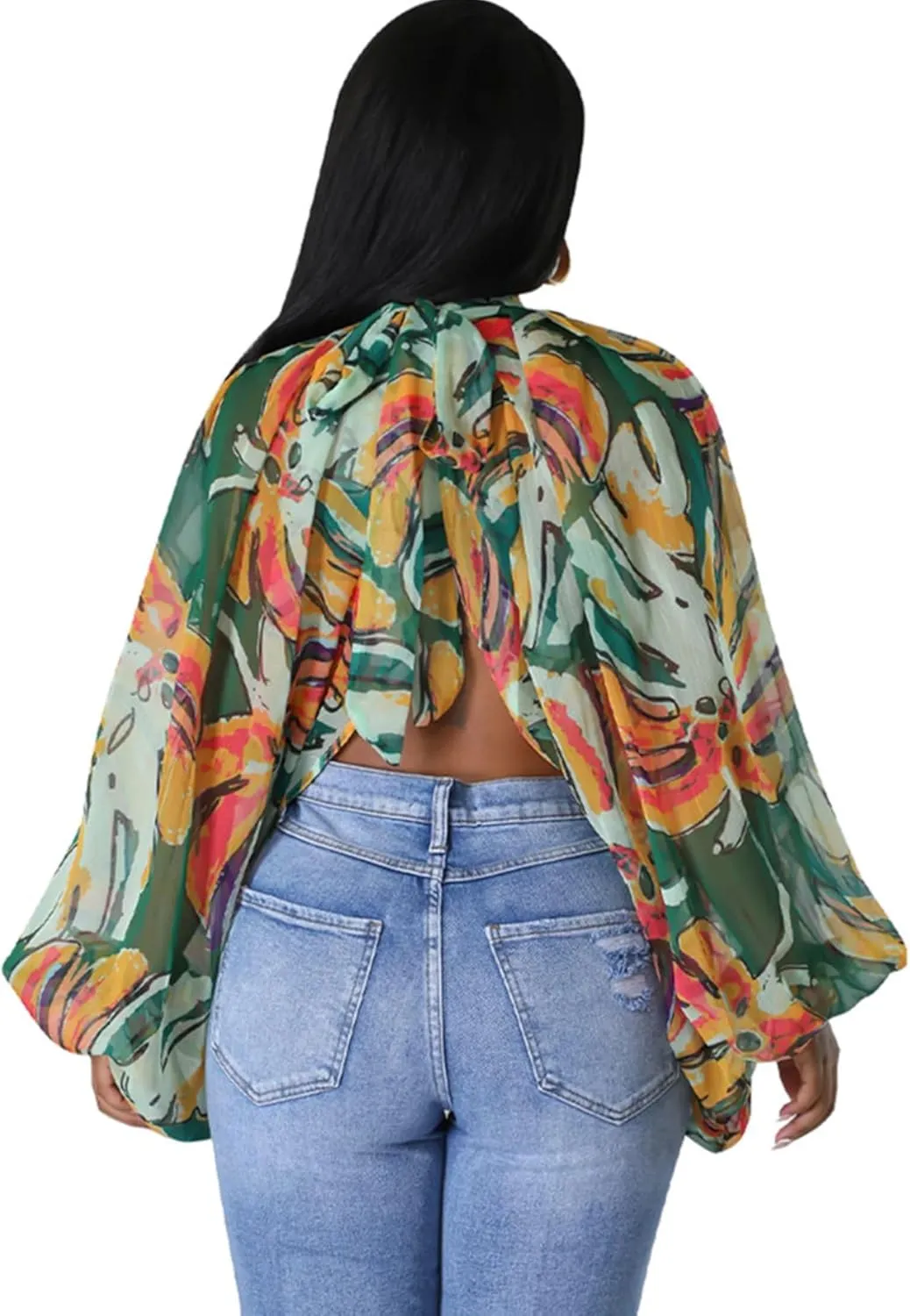 Sexy Tops for Women Party Club Night Batwing Sleeve Chiffon Sheer Self Tie Back Front Open Women Shirts Casual Summer