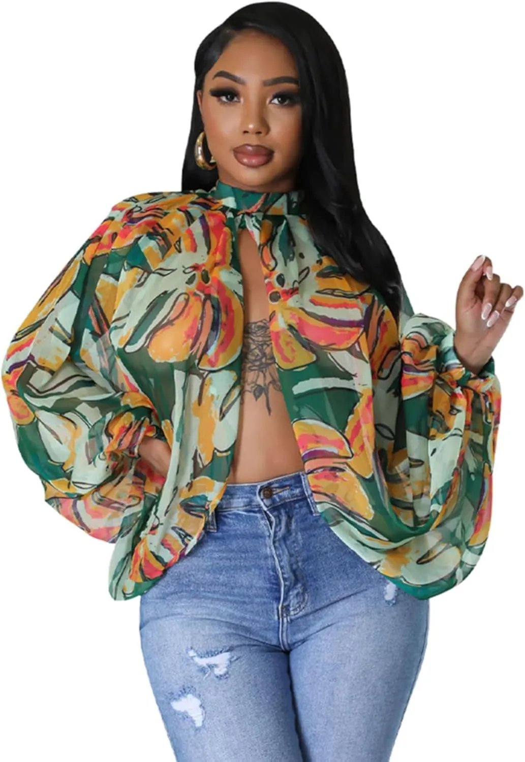 Sexy Tops for Women Party Club Night Batwing Sleeve Chiffon Sheer Self Tie Back Front Open Women Shirts Casual Summer