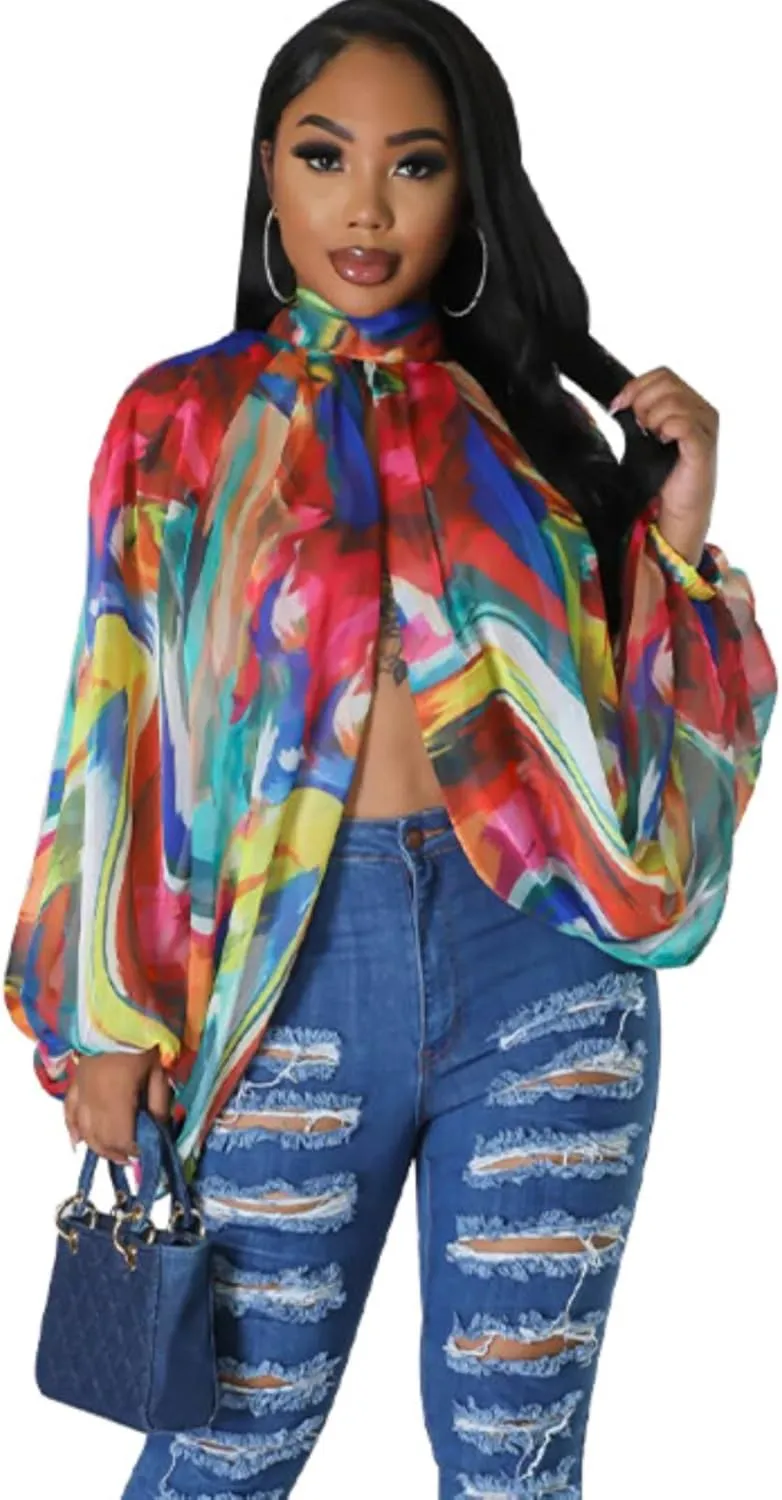 Sexy Tops for Women Party Club Night Batwing Sleeve Chiffon Sheer Self Tie Back Front Open Women Shirts Casual Summer