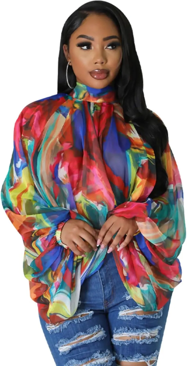 Sexy Tops for Women Party Club Night Batwing Sleeve Chiffon Sheer Self Tie Back Front Open Women Shirts Casual Summer