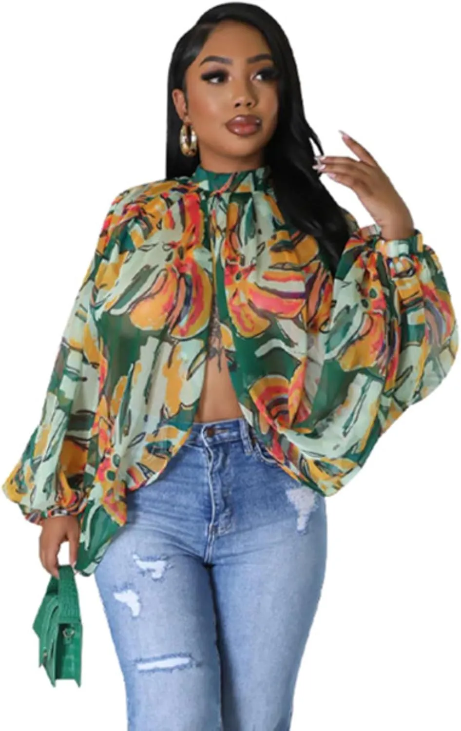 Sexy Tops for Women Party Club Night Batwing Sleeve Chiffon Sheer Self Tie Back Front Open Women Shirts Casual Summer