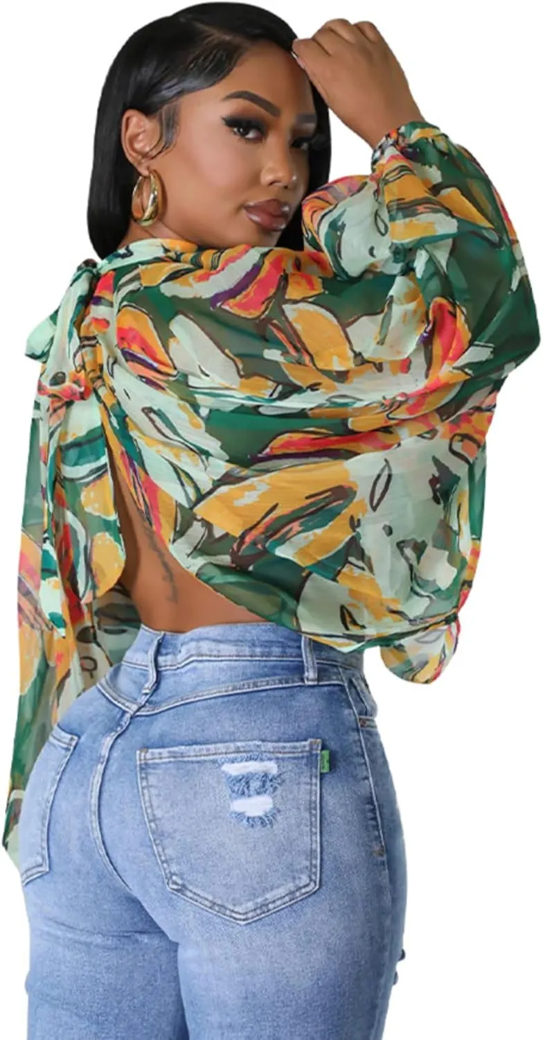 Sexy Tops for Women Party Club Night Batwing Sleeve Chiffon Sheer Self Tie Back Front Open Women Shirts Casual Summer