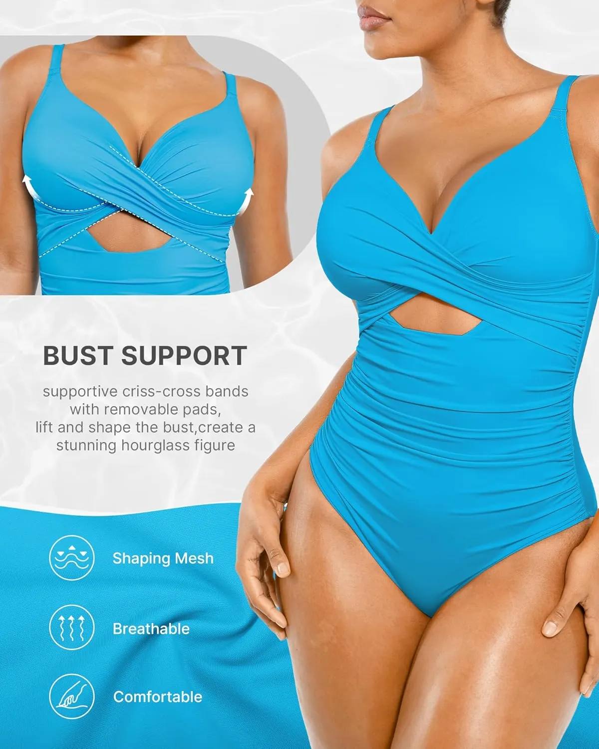 SHAPELLX Tummy Control Swimsuits Women V Neck One Piece Bathing Suit Ruched Push Up Slimming Swimwear Built-in Bra