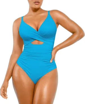 SHAPELLX Tummy Control Swimsuits Women V Neck One Piece Bathing Suit Ruched Push Up Slimming Swimwear Built-in Bra