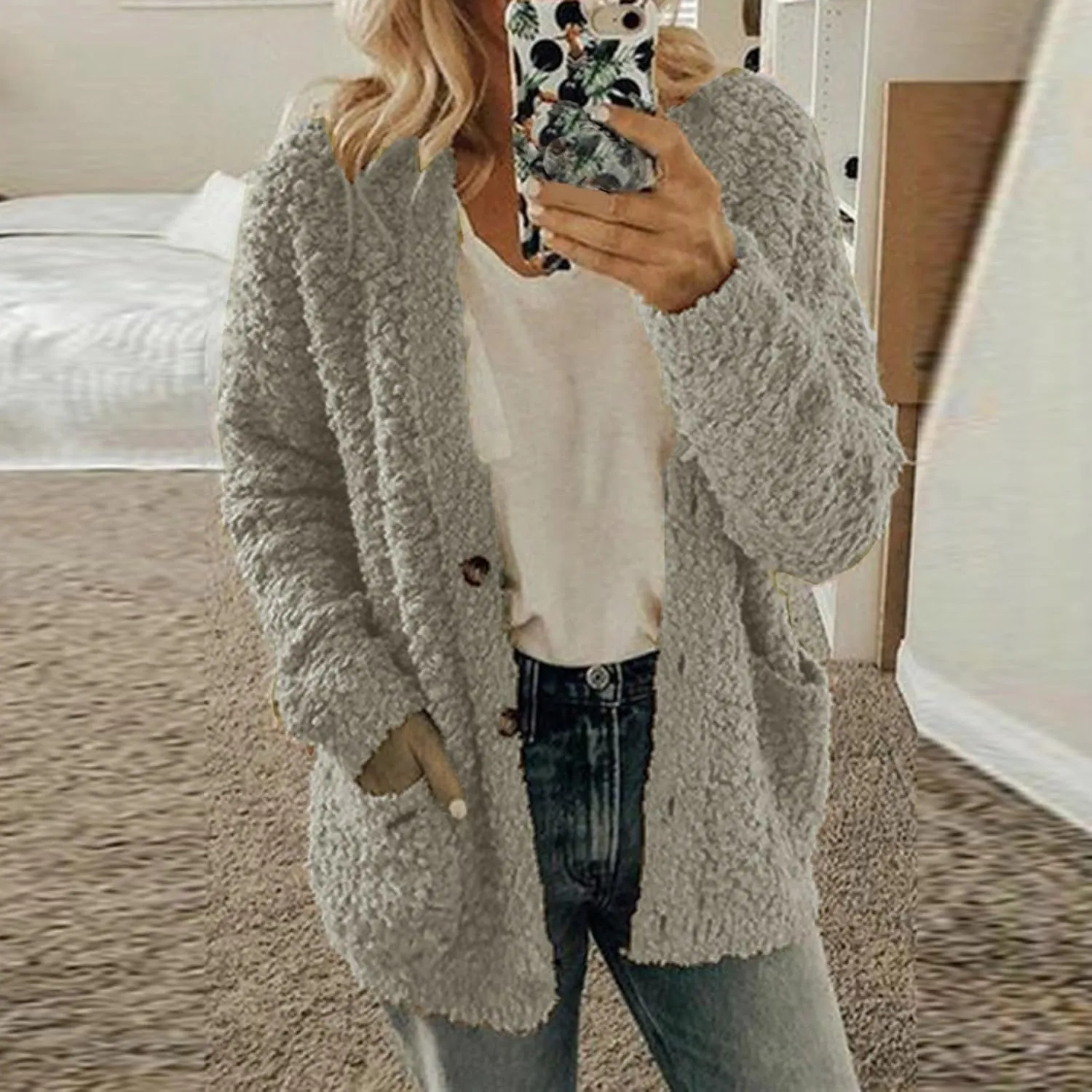 Sherpa Jacket Women 2024 Plus Size Open Front Long Sleeve Button Coat Casual Fuzzy Fall Winter Cardigan Outerwear
