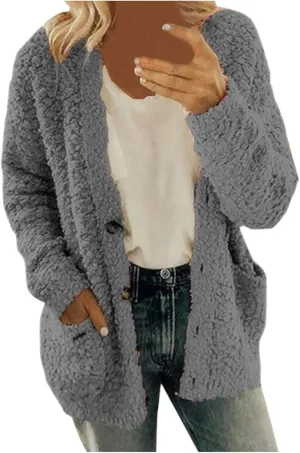 Sherpa Jacket Women 2024 Plus Size Open Front Long Sleeve Button Coat Casual Fuzzy Fall Winter Cardigan Outerwear