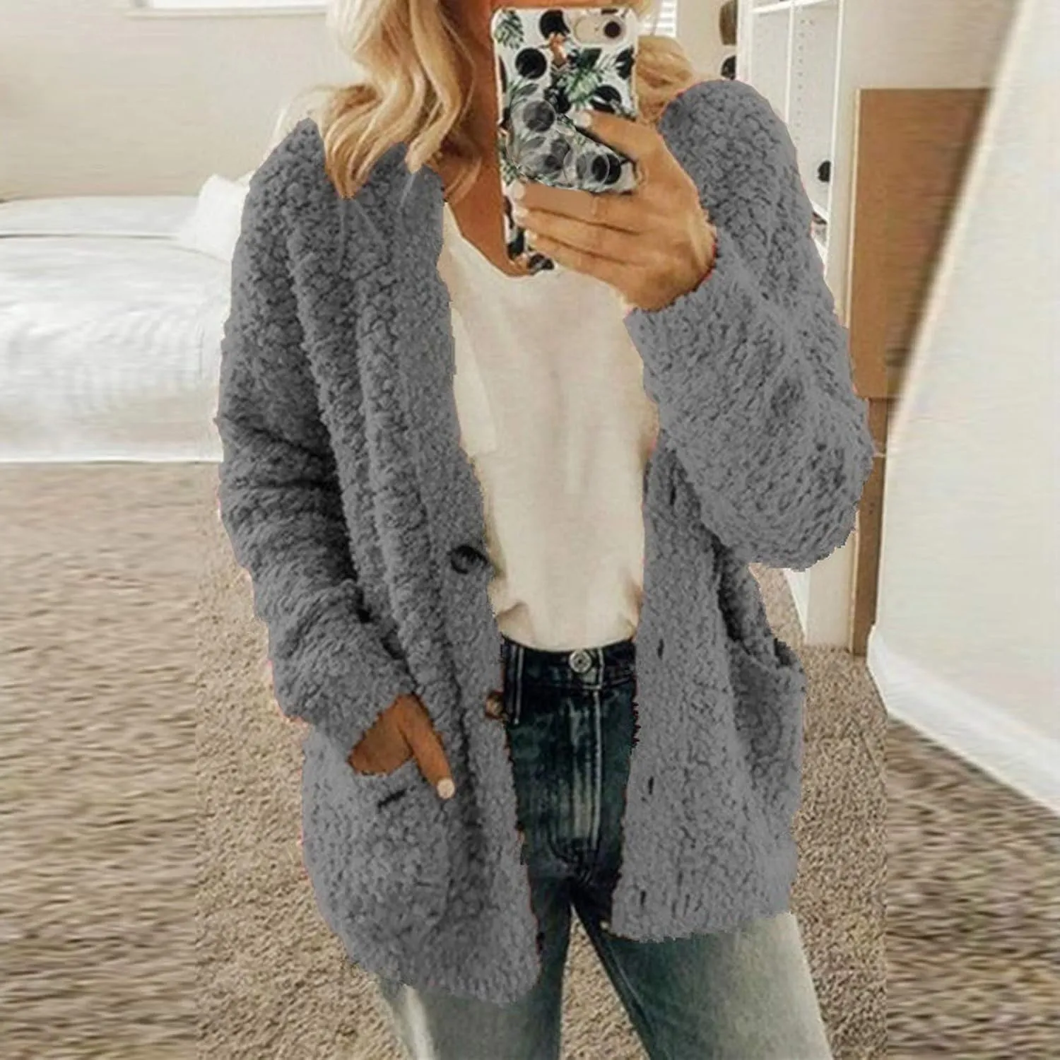 Sherpa Jacket Women 2024 Plus Size Open Front Long Sleeve Button Coat Casual Fuzzy Fall Winter Cardigan Outerwear