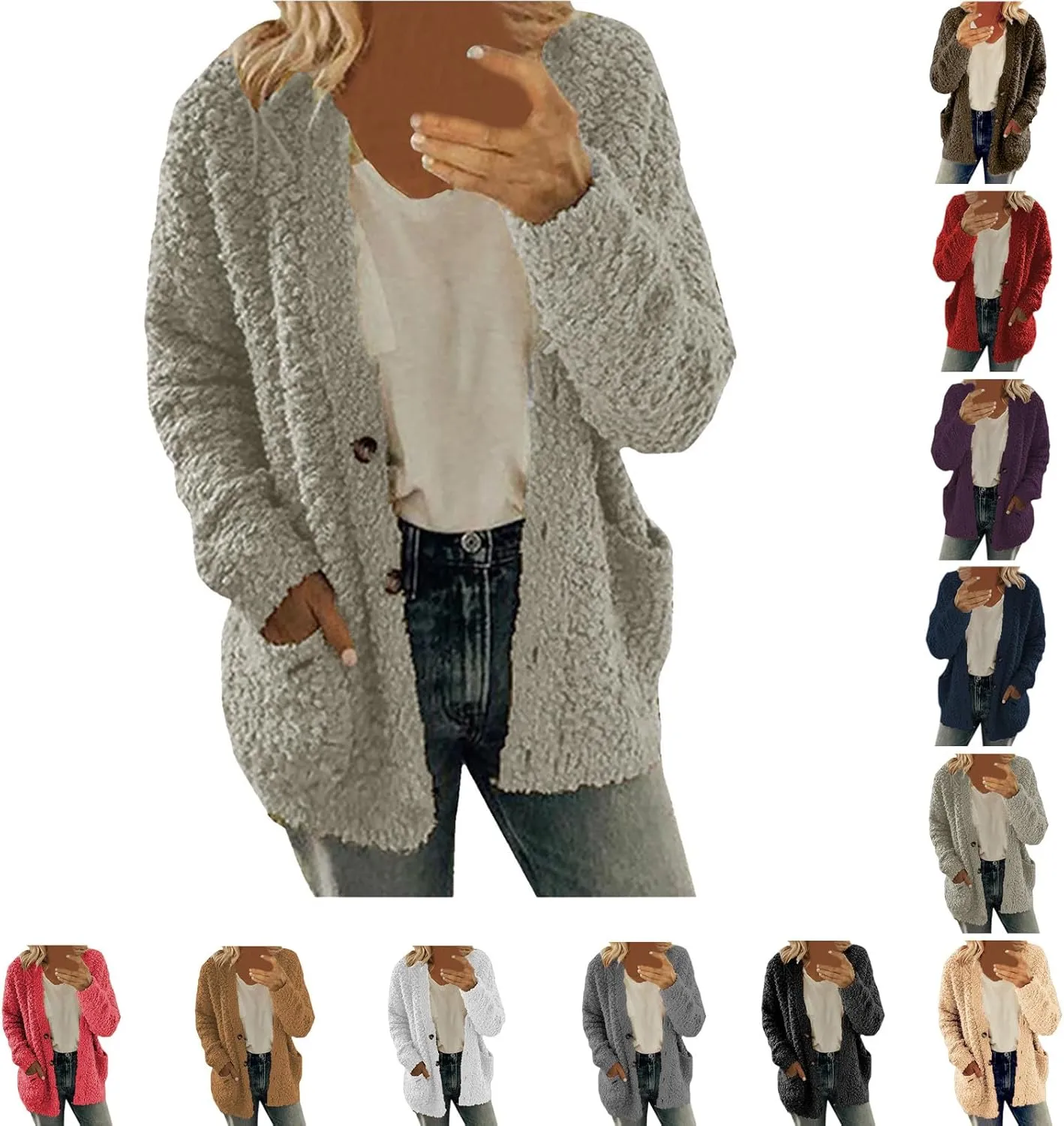 Sherpa Jacket Women 2024 Plus Size Open Front Long Sleeve Button Coat Casual Fuzzy Fall Winter Cardigan Outerwear