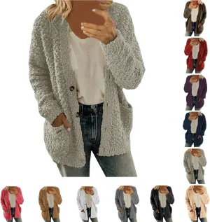 Sherpa Jacket Women 2024 Plus Size Open Front Long Sleeve Button Coat Casual Fuzzy Fall Winter Cardigan Outerwear